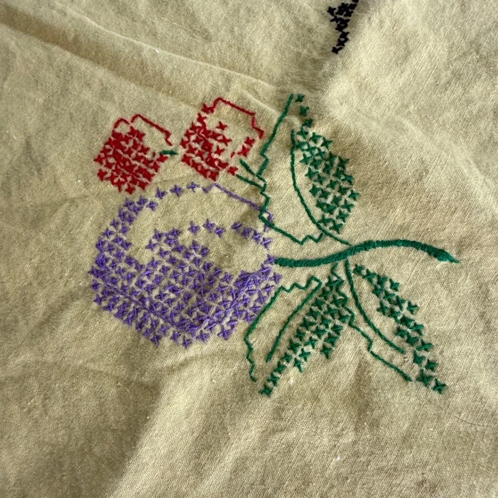 Vintage Yellow Cross Stitch Fruit Tablecloth Purple Crochet Trim 35x35